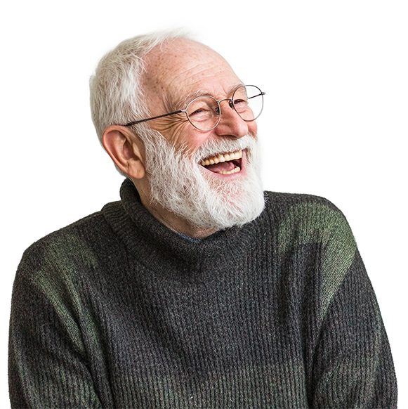 Elderly man laughing looking up