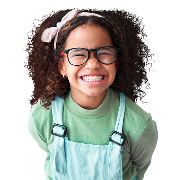 young girl wearing glasses smiling while looking forward
