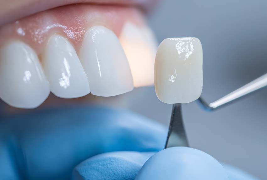 close up of a porcelain veneer being put in place