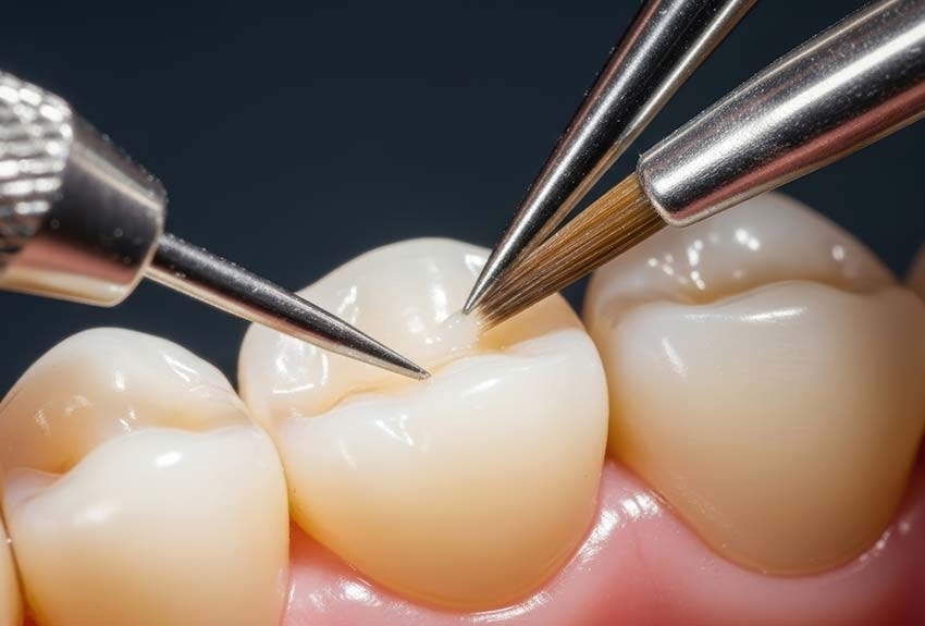 Close-up of a tooth having a dental bonding procedure