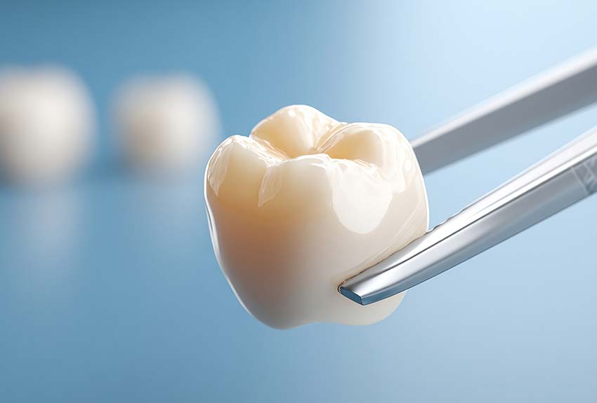Close-up of a porcelain crown being held by a pair of tweezers