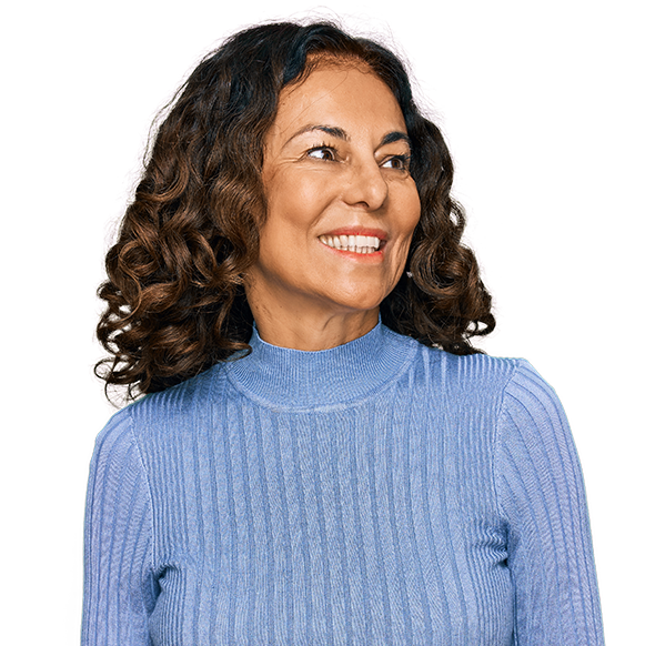 Elderly woman smiling and looking to her left