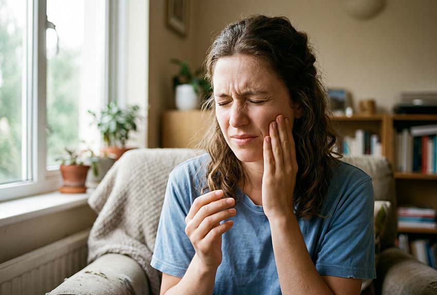 Young woman sitting inside her house holding her mouth in pain