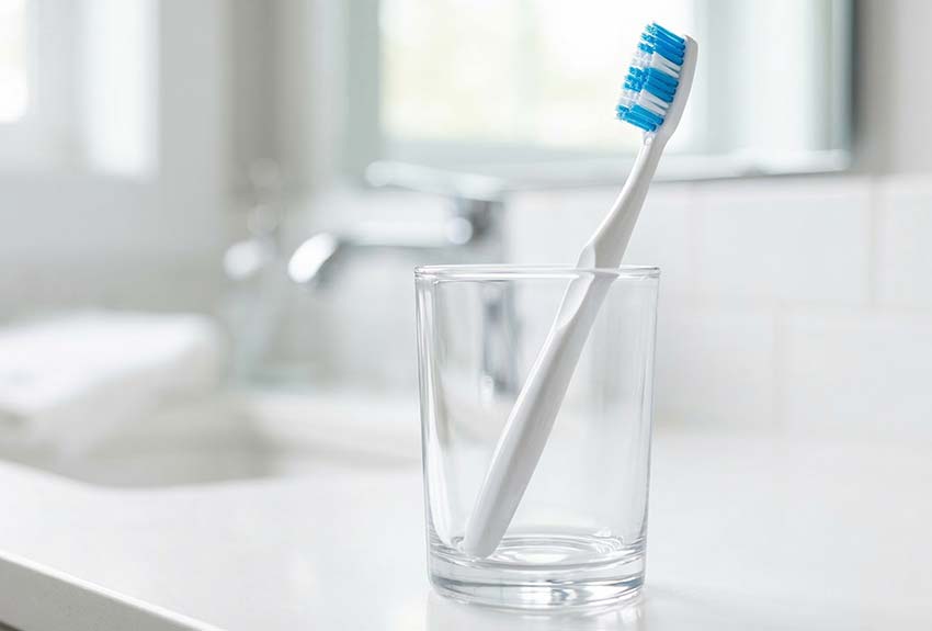 close-up of a glass holding a toothbrush on a bathroom sink