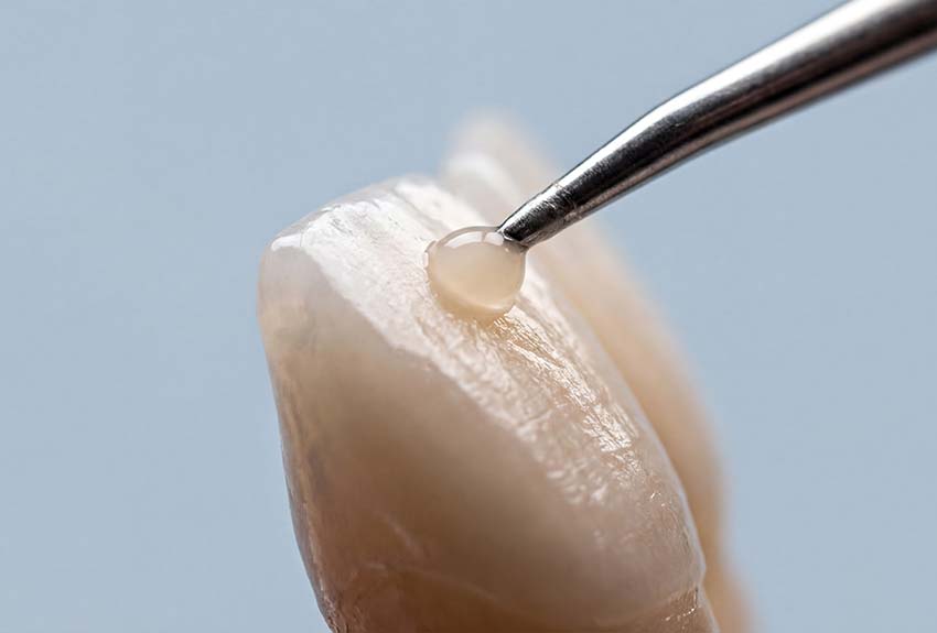 Close up of dental bonding material being applied to a tooth