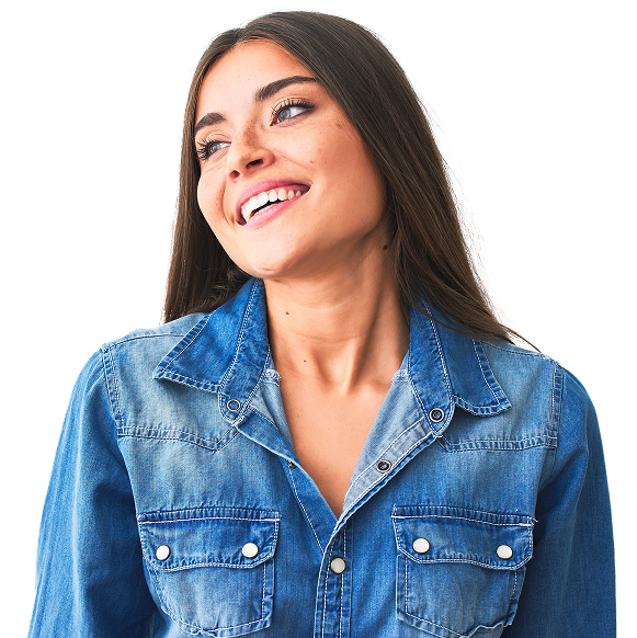 young woman smiling looking to her right