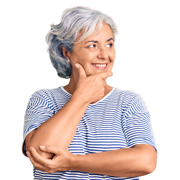 middle aged woman smiling with had raised to her chin